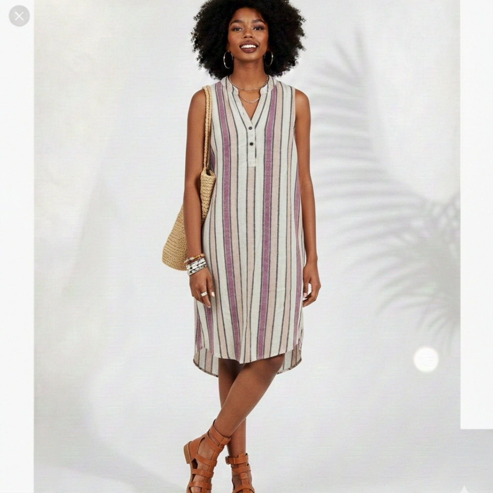 SPLENDID womens S creme pink stripe 1/4 button dress small